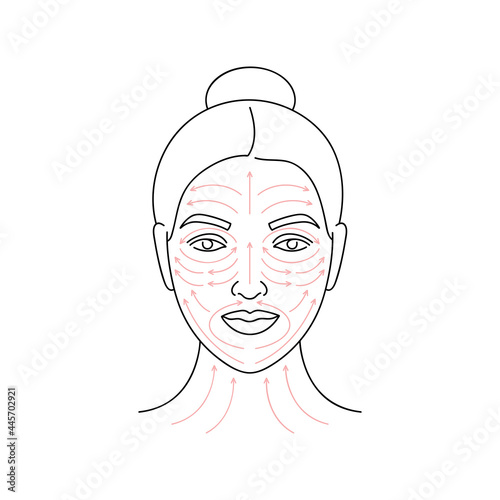 Vector illustration method fo face massage. Female face with arrow lines. Facial beauty treatment.
