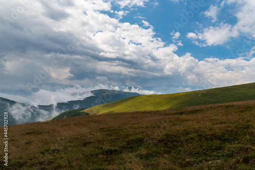 Carpathian mountains in Romania with hills covered by mountain meadow, deep forest and blue sky with clouds