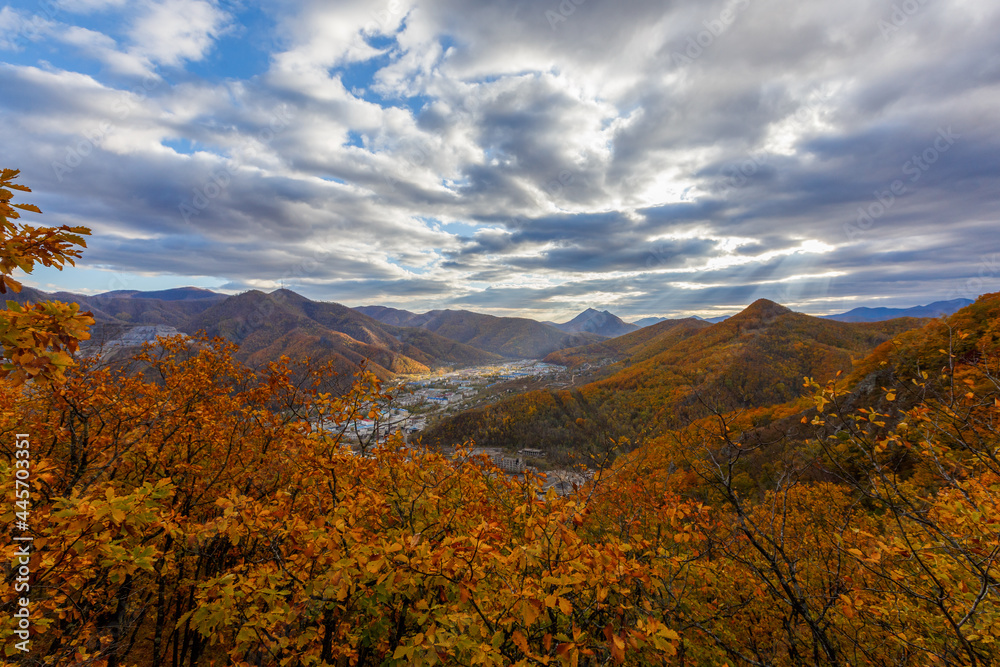 Height 611 in Dalnegorsk, where a UFO fell on January 29, 1986. View from the top of the mountain to the monotown of Dalnegorsk. A city located between steep cliffs.