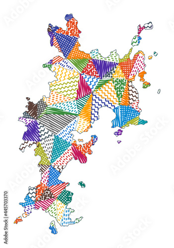 Kid style map of Komodo. Hand drawn polygons in the shape of Komodo. Vector illustration.