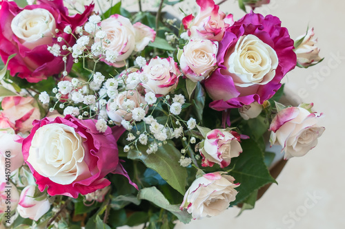 White roses with red edging in a bouquet among green leaves from above