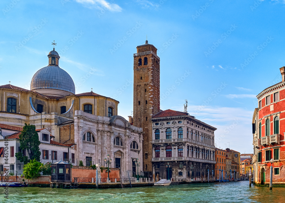 Beautiful view of church of St Jerome or San Gemeria on Grand Canal, Venice, Italy. Prominent landmark housing remains of St Lucy, at daylight