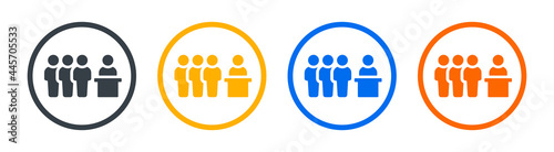 Queue icon sign. People standing and waiting in line in front of counter vector illustration.