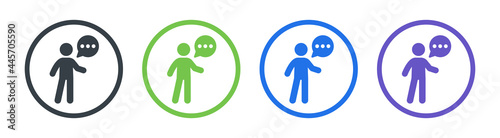 Man with speech bubble icon symbol of talking, speaking and communication sign.