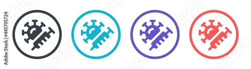 Syringe with vaccine and covid-19 virus icon on circle sign. Vaccination concept 