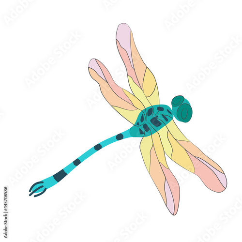 Blue-green dragonfly with rainbow wings in flight. Hand-drawn vector, flat style. Full color natural spring summer wildlife illustration, beautiful insect. For color pages, print, art decor, internet.