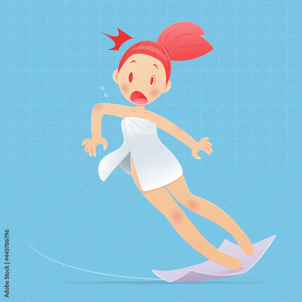 Cartoon woman wearing white towel slipping in toilet. Vector illustration and cartoon character design.