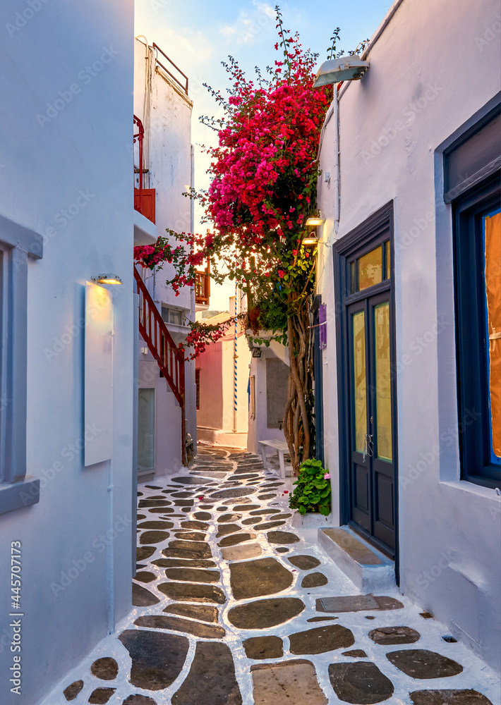 Beautiful traditional narrow cobbled alleys of Greek island towns. Whitewashed houses, shops, morning summer sunshine, bougainvillea, Mykonos, Greece.