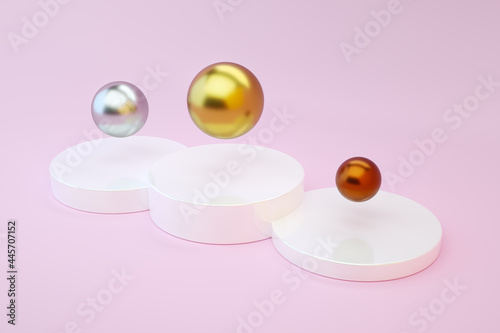 Gold, silver and bronze balls on a podium on a pink background. olympics and sport. 3d render