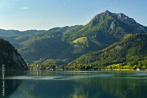 Beautiful landscape with lake and mountains in summer. Natural colorful background. Wolfgangsee lake in the Austrian applause.