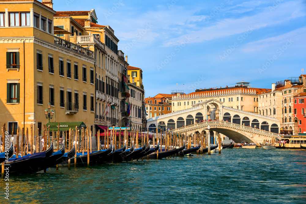 Great view of famous bridge of Rialto or ponte di Rialto over Grand Canal, Venice, Italy. Iconic travel destination of UNESCO world heritage city