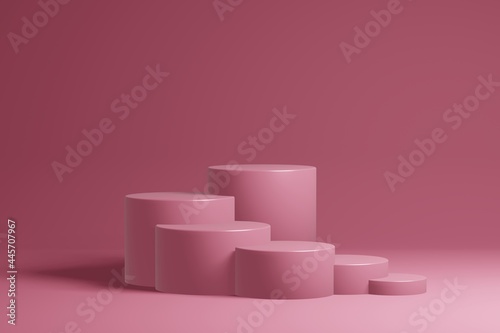 Stepped pedestal of six rose cylinders in studio lighting on rose background. 3d render. © Gellax