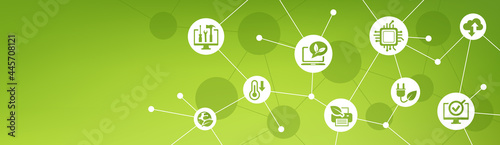 Green computing vector illustration. Banner with icons related to sustainable IT, resource & energy saving, environmentally friendly information technology, reusing & upgrading computer hardware.