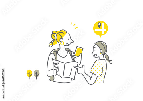 外国人旅行者の女性に道案内をする日本人女性のシンプルでお洒落な線画イラスト　英会話