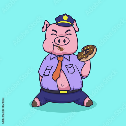Pig police eating donut illustration