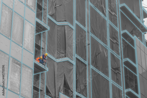Fototapeta Naklejka Na Ścianę i Meble -  Modern buildings construction, with workers. Construction technology