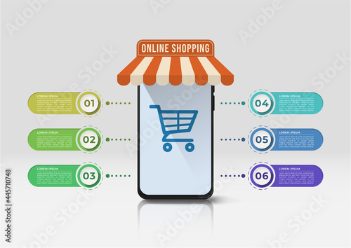 Online shopping infographic design with 6 horizontal labels. Creative business presentation design for infographics. 3D vector of mobile phone standing on the floor.