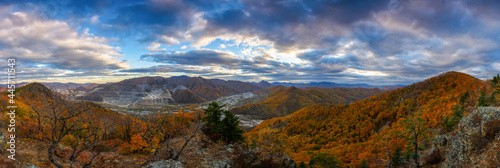 Height 611 in Dalnegorsk, where a UFO fell on January 29, 1986. View from the top of the mountain to the monotown of Dalnegorsk. Panoramic shooting. photo