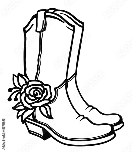 Cowboy boots with American traditional ornate and flowers decoration. Outline vector illustration isolated on white for print