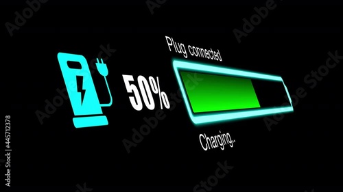 Colorful electric vehicle car charging battery indicating progress of the increasing with percentage show fill up to 100%