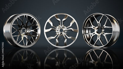 Bild auf Leinwand Steel rims on black background. 3D illustration