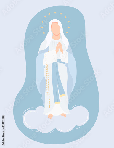 Most Holy Theotokos the Queen of Heaven. Virgin Mary in blue maforia prays meekly with rosary on a cloud. Vector illustration for Christian and Catholic communities, design of religious holidays photo