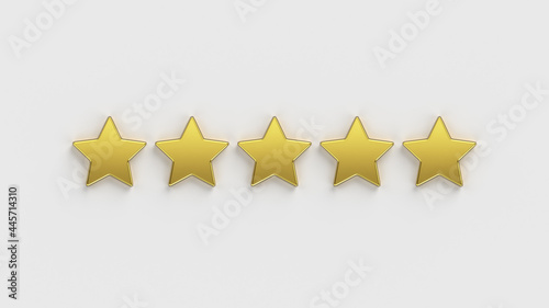 Fototapeta Naklejka Na Ścianę i Meble -  Five star rating. Five of the five gold rating stars on a white background. Rate a company or app online. 5 gold stars for customer quality review illustration.