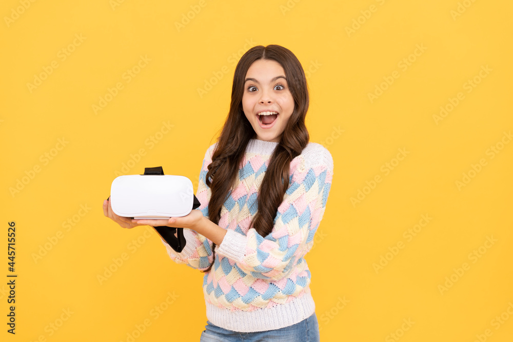 surprised teen girl hold vr glasses using future technology for education, vr school. surprised teen girl hold vr glasses using future technology for education, vr school.