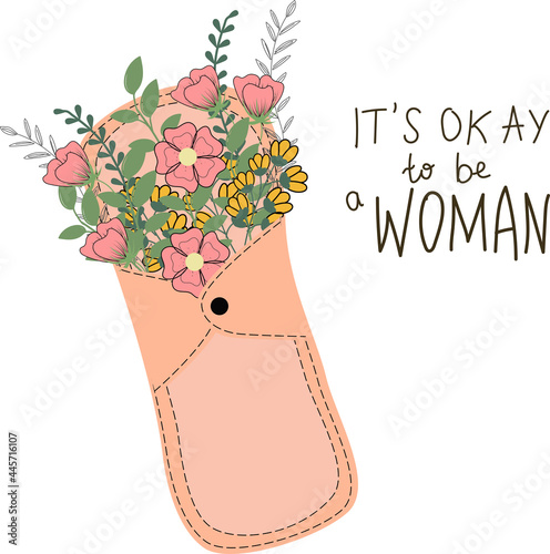 Eco reusable menstrual pad with flowers on the white background. It's okay to be a woman concept.
