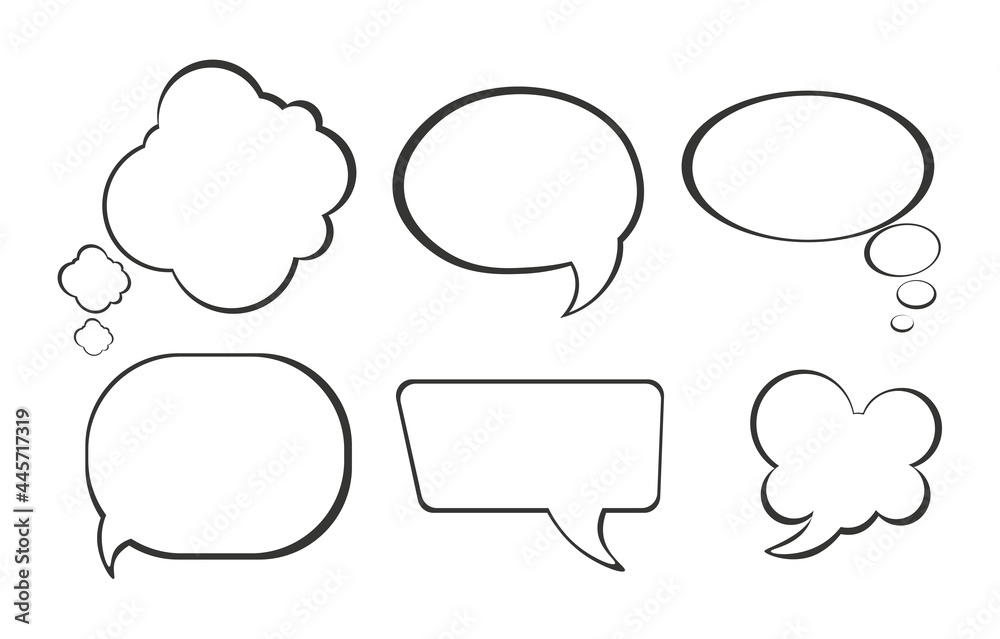 Bubble comic speech set. Clouds and bubbles for text dialogs. A sticker template for both social networks and printing. Design element. Cartoon flat vector illustration isolated on a white background Bubble comic speech set. Clouds and bubbles for text dialogs. A sticker template for both social networks and printing. Design element. Cartoon flat vector illustration isolated on a white background