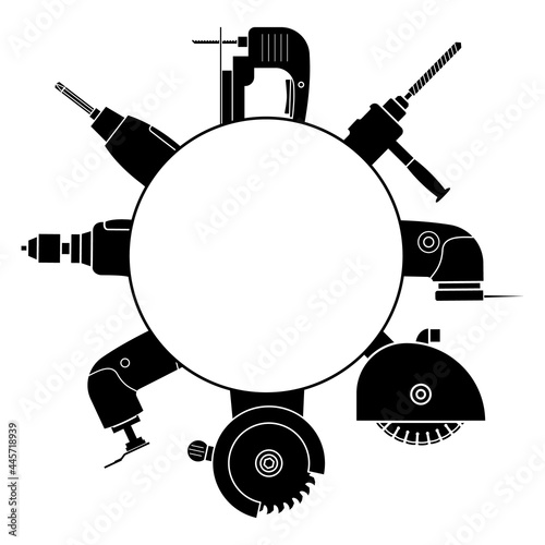 A set of power tools and empty circle inside for text or logo. Vector illustration for repair and rental of power tools and other design ideas.