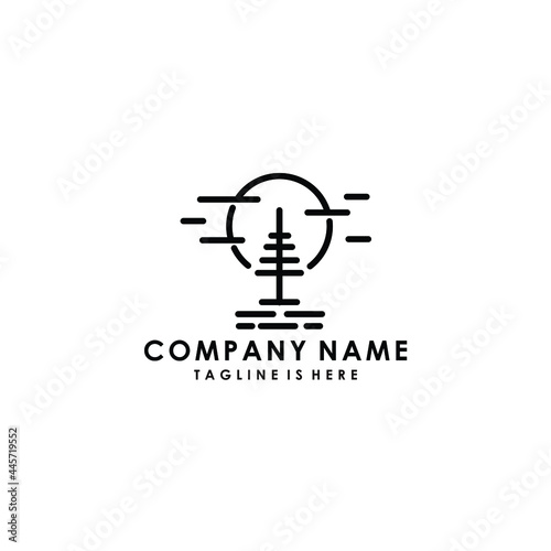 evergreen spruce fir hemlock conifer coniferous pine cedar cypress larch with moonlight simple line logo design vector illustration