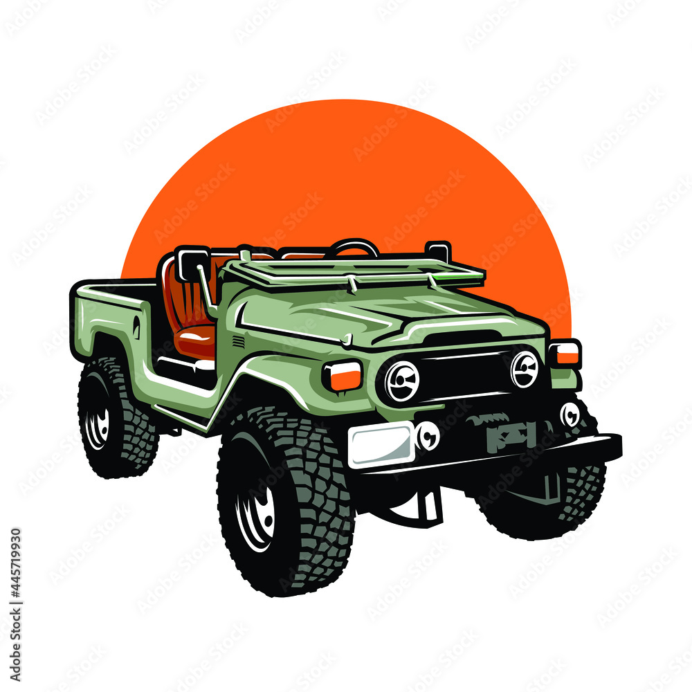 Classic overland adventure 4x4 truck illustration. Restored overland outdoor vehicle