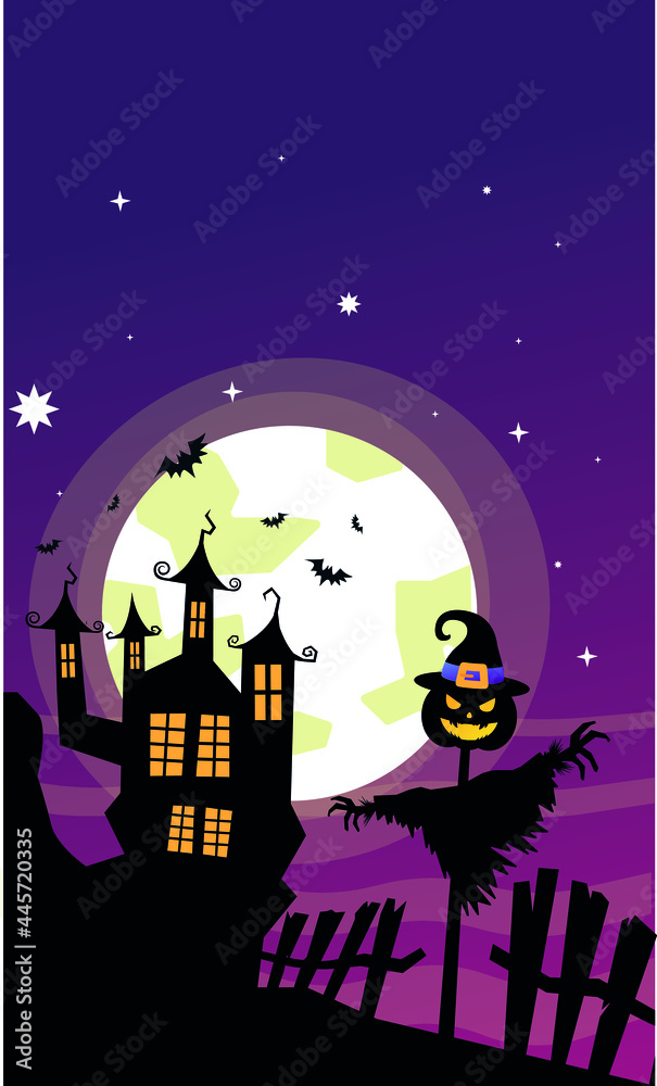 Vector Illustration of a Landscape with a Spooky Haunted Halloween house and a Full Moon. vector illustration of Happy Halloween
