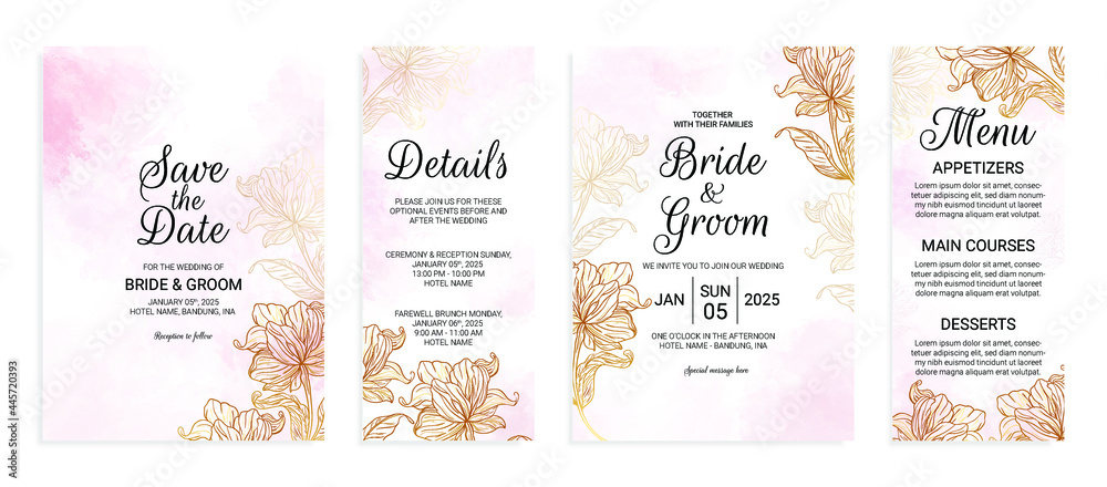 Wedding invitation card template set with hand drawn golden flower watercolor decoration background