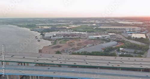 Aerial view of vehicles driving on Alfred E. Driscoll Bridge a huge complex road junction at the entrance connected for Woodbridge town New Jersey photo