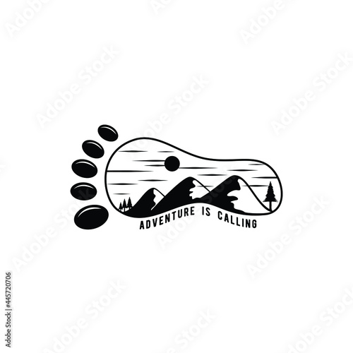 footprint with mountains landscape outdoor adventure logo design vector illustration