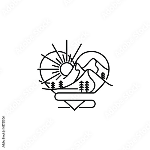 love heart with mountain sunrise landscape outdoor adventure nature hiking logo design vector illustration