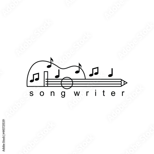 guitar pencil with note music composer logo design vector illustration for song writer