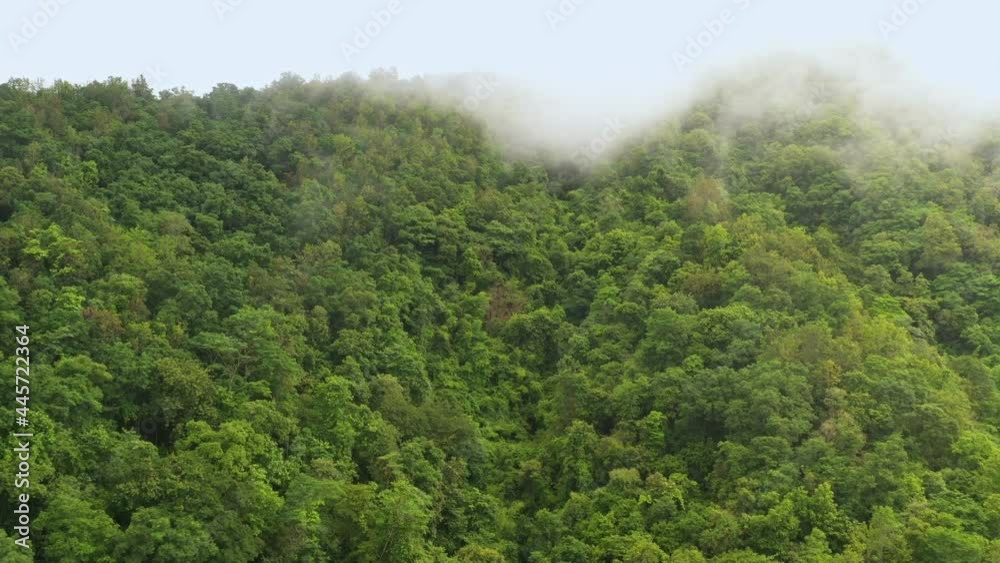 Aerial view flying above lush green tropical rain forest mountain with rain cloud cover during the rainy season on the Doi Phuka Mountain reserve national park. In, the northern Thailand Aerial view flying above lush green tropical rain forest mountain with rain cloud cover during the rainy season on the Doi Phuka Mountain reserve national park. In, the northern Thailand