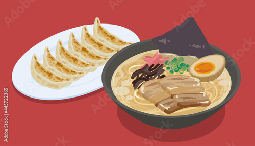 とんこつラーメンの餃子セット　ベクターイラスト素材