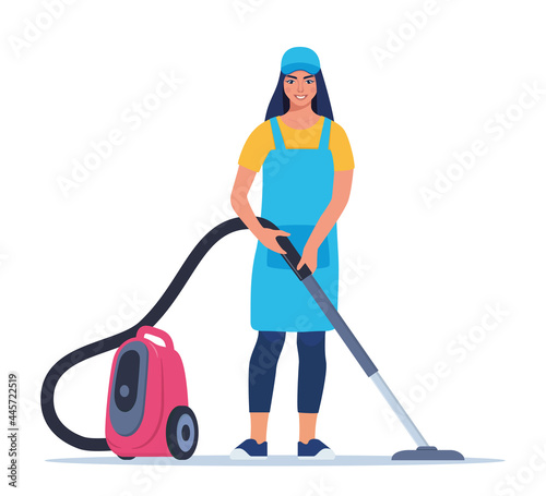 Woman dressed in a uniform with a vacuum cleaner. Worker of cleaning service. Vector illustration in a flat style.