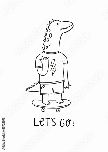 Cute cartoon dino on a skateboard in doodle style. Dinosaur coloring page