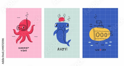 Cute cartoon octopus fish, bathyscaphe, crab, ship, star, hammerhead shark, sea horse,   sea life - vector illustration for kids. 