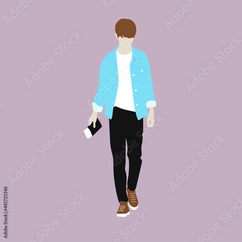 Vector illustration of Kpop street fashion. Street idols of Koreans. Fashion for male idols Kpop. A guy in black jeans and a blue denim jacket and a white T-shirt.