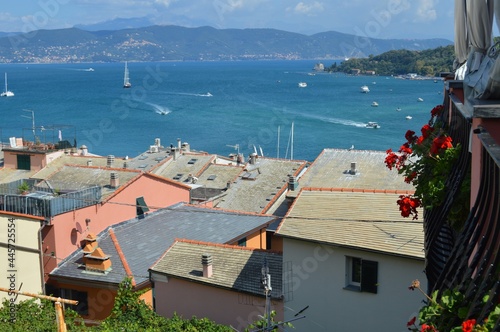 Portovenere, Italy. Mediterranean. Panoramic view of bay of Poets with yachts  and Portovenere hauses roofs.