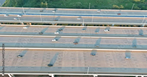 Aerial top view of huge complex road junction at cars driving on the Alfred E. Driscoll Bridge across the Raritan River New Jersey USA photo