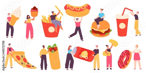 People with fast food. Tiny characters hold pizza, burger, hot dog, soda drink, potato chips and sweet dessert. Flat street food vector set