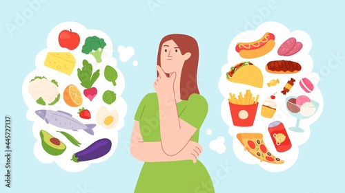 Woman on food diet. Healthy and unhealthy products balance. Character choose between fastfood and vegetable. Health lifestyle vector concept