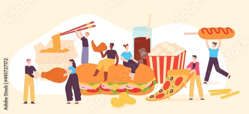 People eat fast food. Tiny men and women enjoy junk foods, pizza, popcorn, chips and fried chicken. Tasty street cafe meal vector concept